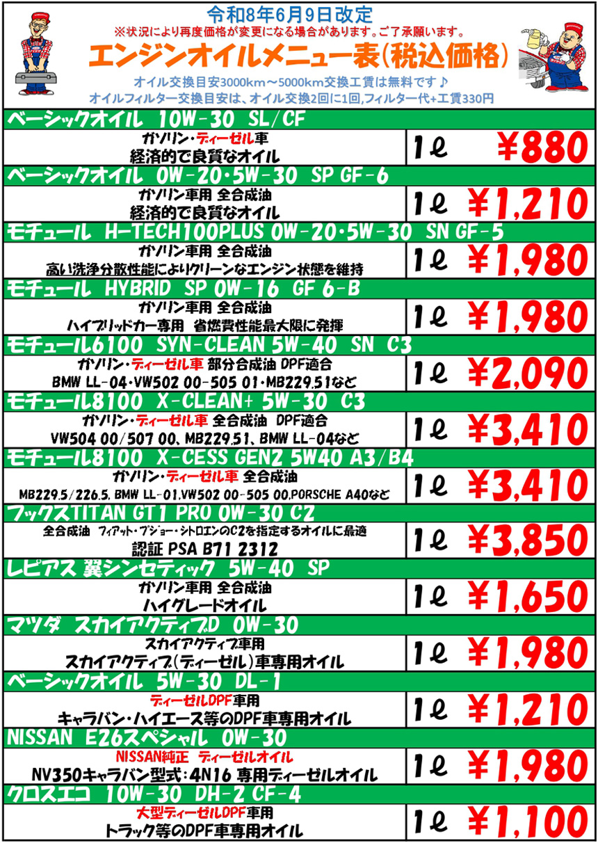 エンジンオイルメニュー表