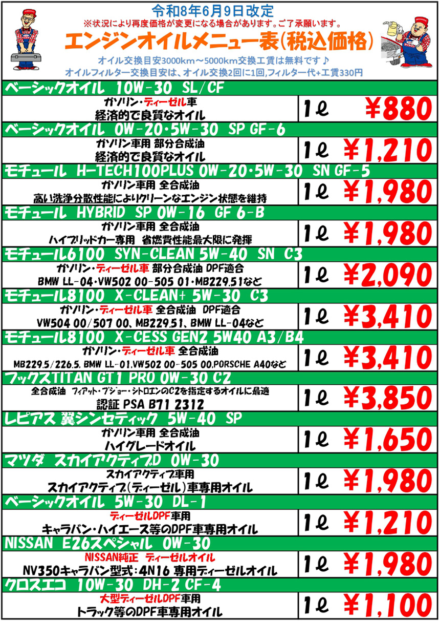 エンジンオイルメニュー表